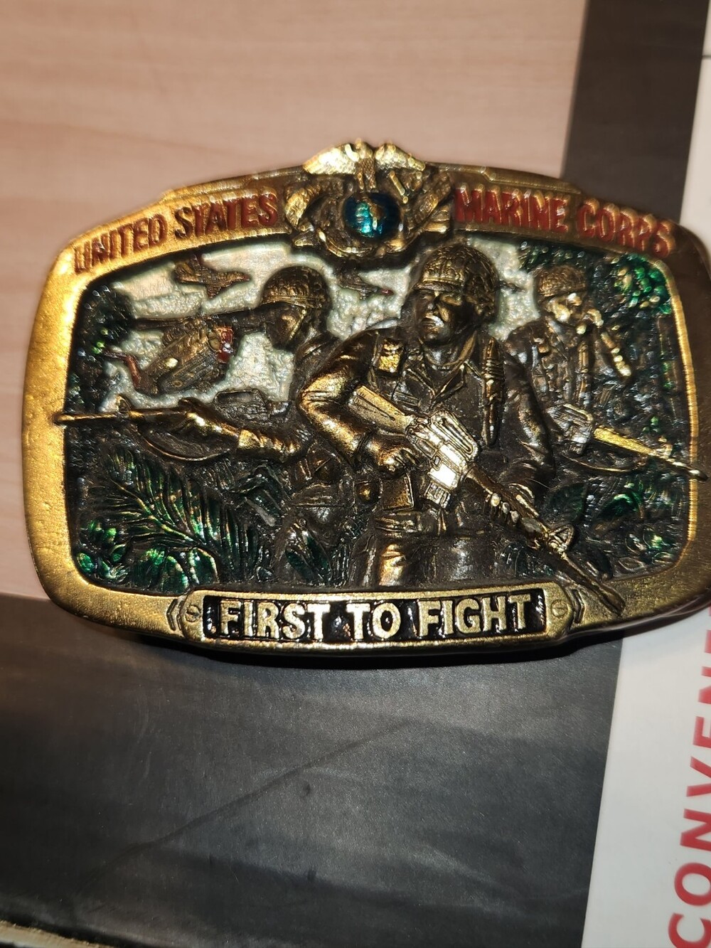 United States Marine Corps 'First to Fight' Belt Buckle - Gold & Bronze
